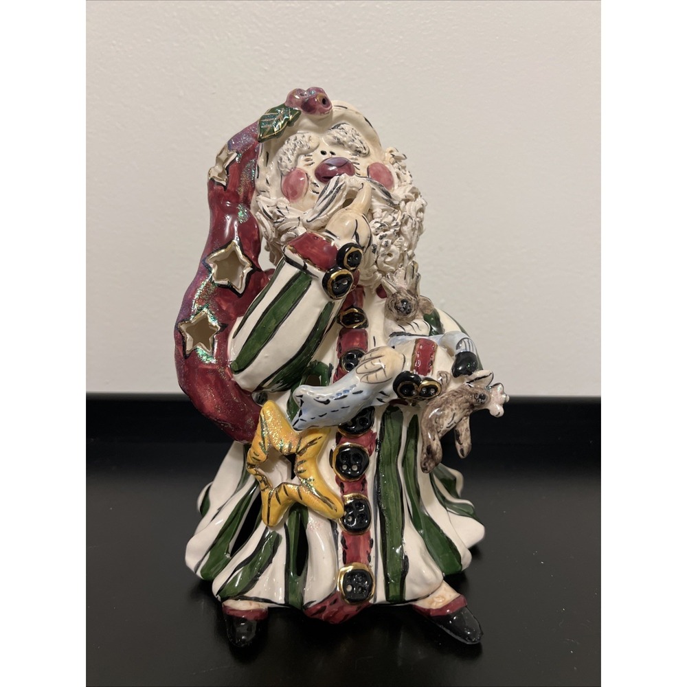 Blue Sky Clayworks Heather Goldminc Santa with Sleeping Reindeer Tea Light 8.5"